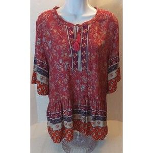 Beach Lunch Lounge Womens V Neck Boho Tunic Top Shirt Sz M Short Sleeve Floral